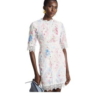 Miss Rosier Carmen Lace Trim Mini Dress Floral White Event Party Cocktail Medium